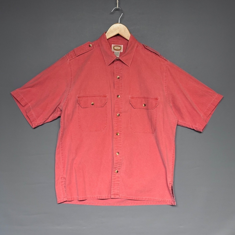 Vintage Banana Republic Safari Shirt Mens Large Red Salmon Pink Cotton Epaulets - Picture 1 of 6